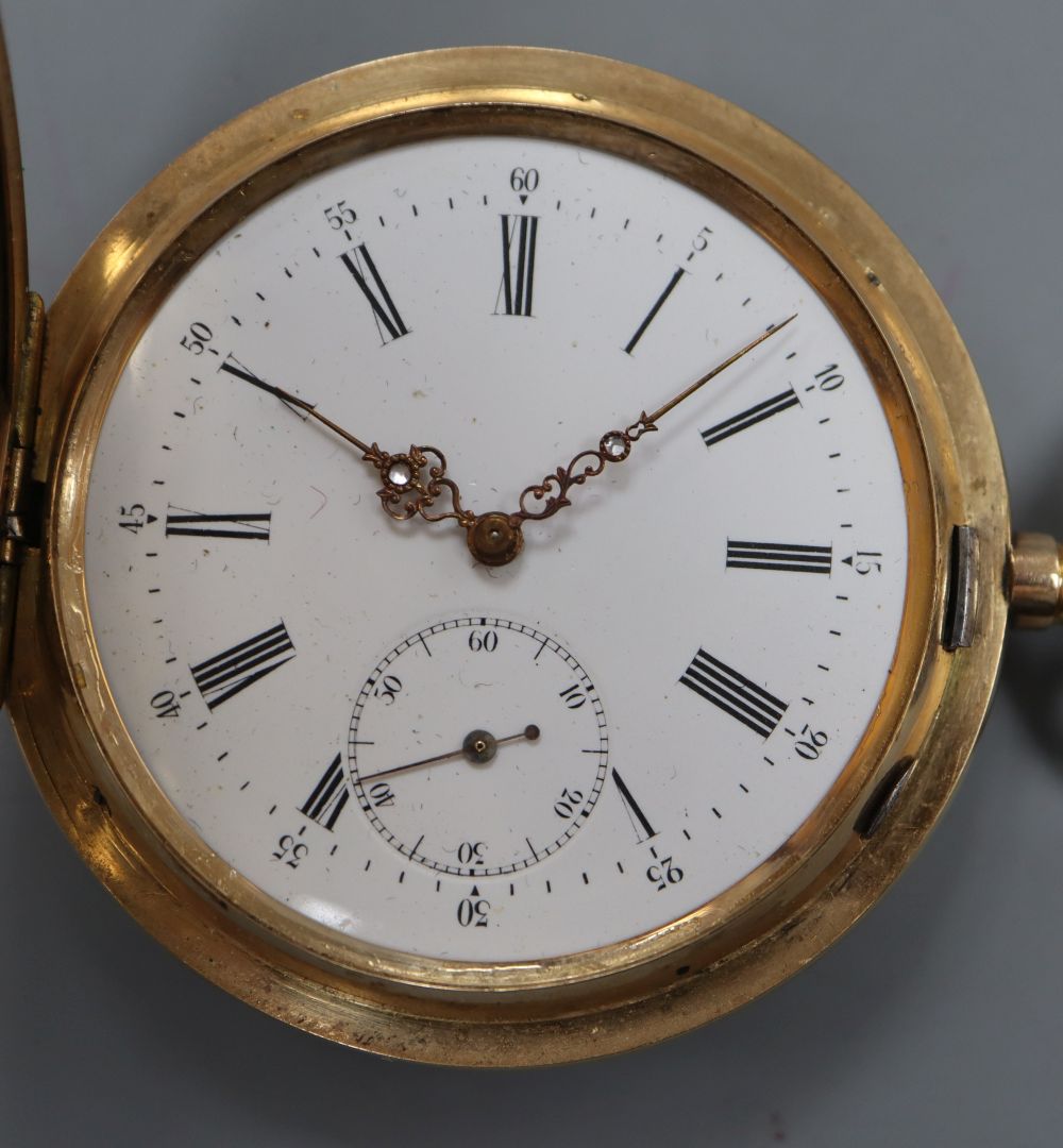 A continental 585 yellow metal hunter keyless pocket watch, with Roman dial and subsidiary seconds, gross 112.1 grams,